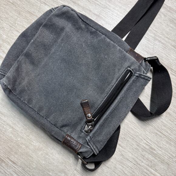 ACACIA Revolve Canvas Crossbody Bag Satchel Leather Accents Gray Zip Snap Close - Picture 5 of 7